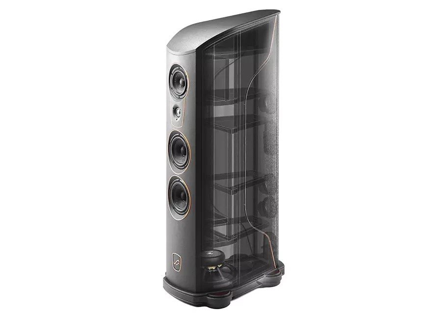 The midrange driver is complemented by a beryllium tweeter, a pair of front-firing 6.5-inch woofers, and a 10-inch floor-firing woofer concealed within the speaker enclosure. Despite their relatively compact enclosure, the AudioSolutions Vantage M speakers promise bass power and scale disproportionate to their size.