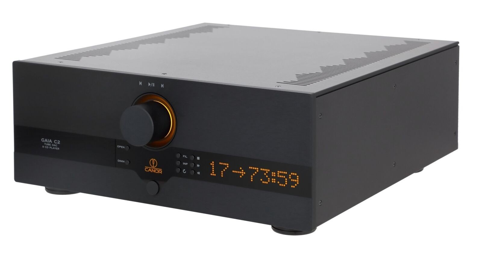 Canor specifies the frequency response of the Gaia C2 as 20 to 20,000 Hz AN (-1.0 dB) via XLR/RCA, the total harmonic distortion is stated as less than 0.0007 percent at 1 kHz and 0 dBFS (XLR), and the channel separation as less than -118 dB at 10 kHz (XLR). The output voltage is 2 Vrms (RCA) or 4 Vrms (XLR).
